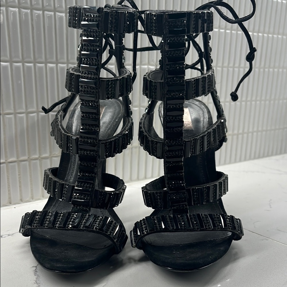 Black High-Heeled Strappy Sandals with Stones